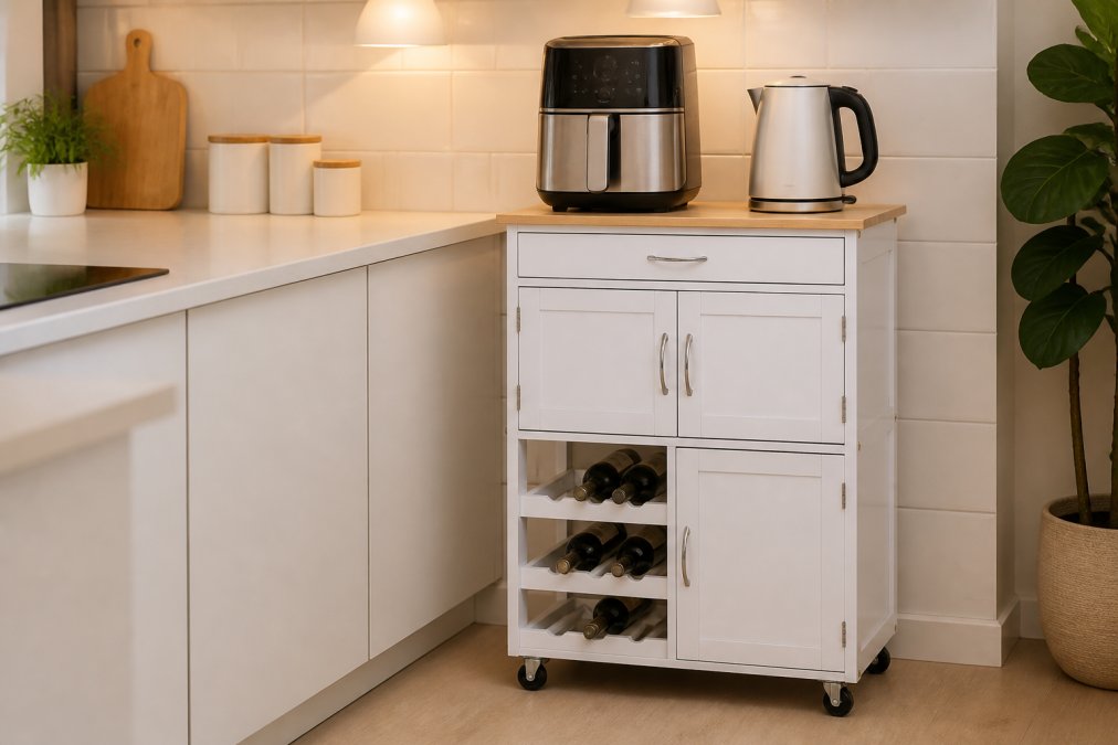Sleek compact kitchen workspace with stainless steel and white air fryer, modern kettle, and minimalist white storage containers arranged on clean white countertop with warm pendant lighting
