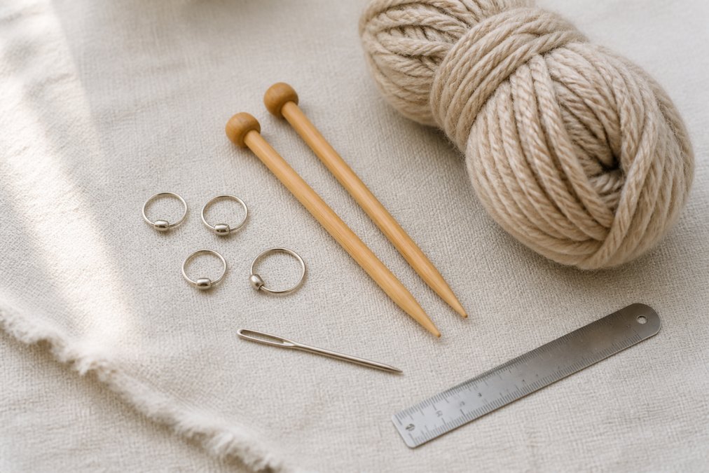 Overhead close-up of beginner knitting tools arranged neatly on a cream linen cloth: a pair of bamboo knitting needles, a tapestry needle, four metal stitch markers, a small metal ruler, and a skein of oatmeal-coloured chunky merino wool, soft natural light from the left