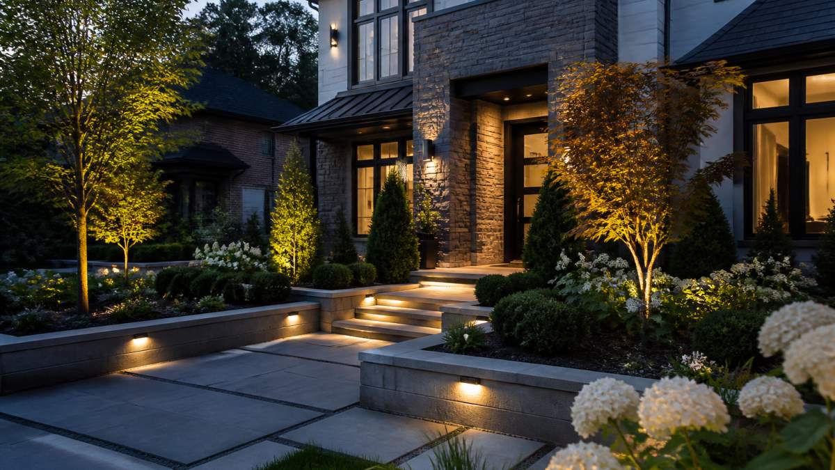 Luxury residential front yard with contemporary hardscaping featuring clean geometric lines, raised planting beds with structural plants, and professional landscape lighting illuminating the entry at dusk