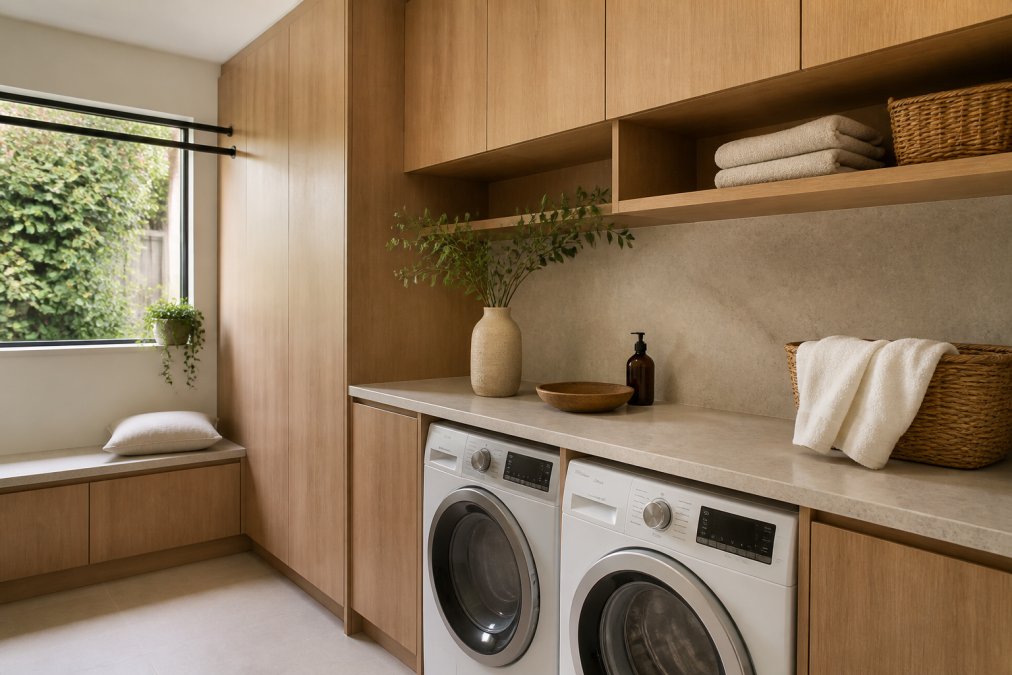 Modern laundry room featuring warm wood cabinetry with matte finishes, natural stone bench surface in soft beige tones, and soft natural lighting highlighting minimalist aesthetic with clean lines and organised storage