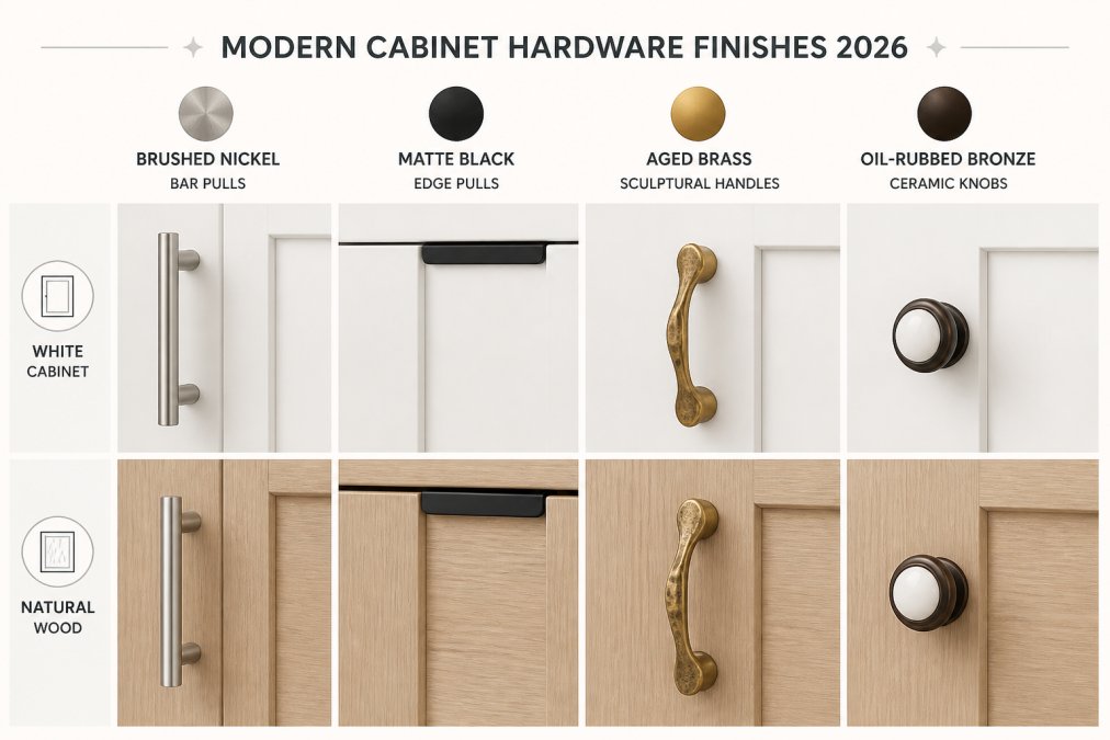 Various hardware finishes including nickel pulls and brass knobs on white and natural wood laundry cabinets