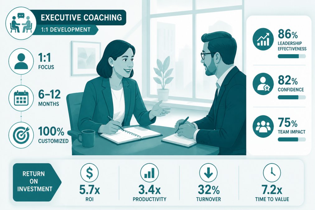 Professional executive coach and business leader engaged in focused one-on-one conversation in modern office with natural window lighting, both seated at table with notebooks