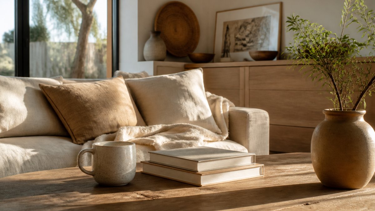 A calm sunlit living room with natural wood tones, linen textiles, a ceramic mug and a small stack of books on a low table