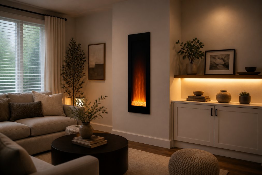 Wall-mounted vertical electric fireplace in a cozy modern living room, a stylish choice among linear fireplace alternatives.