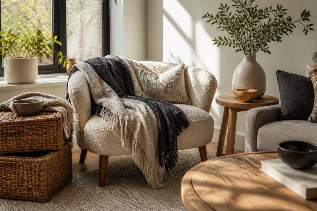 A cozy apartment living room corner featuring a textured bouclé armchair, layered cream and charcoal throw blankets draped casually, woven baskets stacked beside the chair, natural wooden side table with ceramic vase, and soft afternoon sunlight streaming through a window