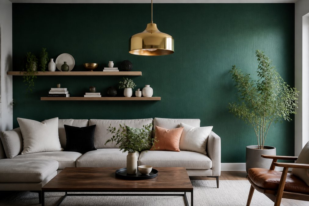 A modern apartment living room with a deep emerald accent wall created with peel-and-stick wallpaper, a statement brass pendant light hanging above a low-profile sofa, and curated decorative objects (ceramic vessels, books, small sculptures) arranged on floating wooden shelves
