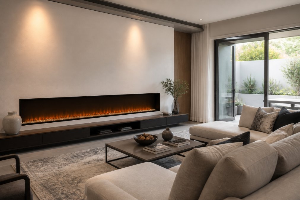 A bright modern living room with a long linear electric fireplace mounted low on a white plaster wall, a sleek media console below, and a comfortable neutral-toned sofa facing it, warm ambient lighting