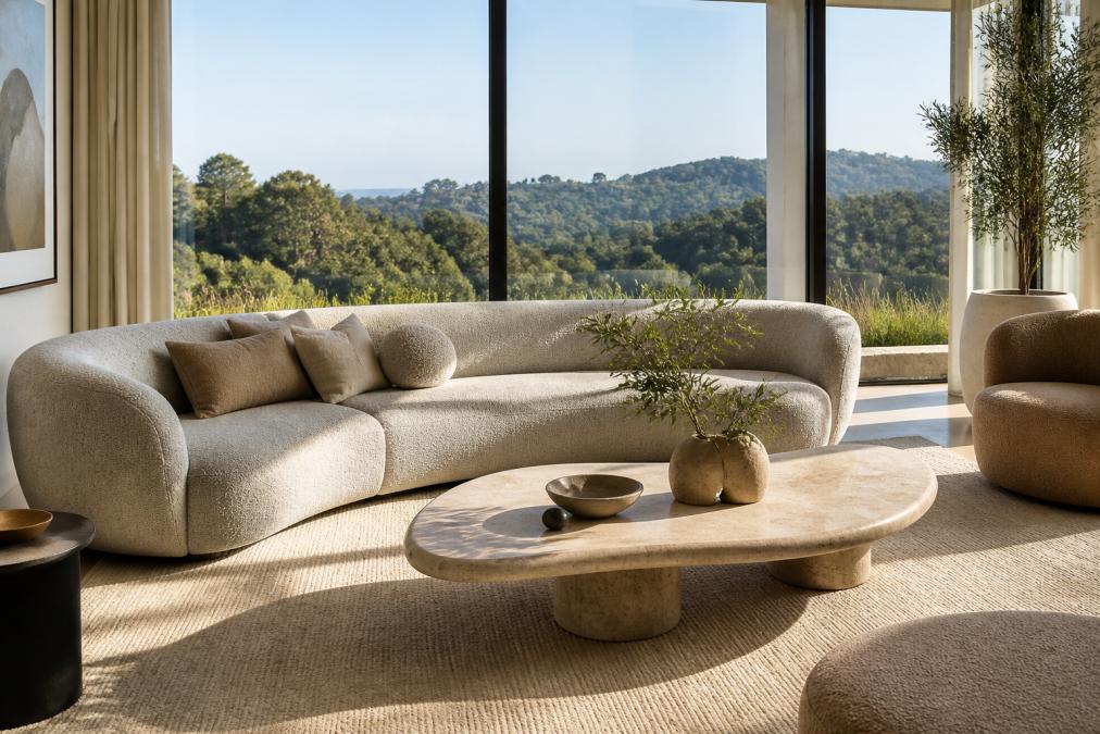 A sunlit modern living room with a curved gray boucle sectional sofa, an organic-shaped travertine coffee table, and warm neutral tones against floor-to-ceiling windows