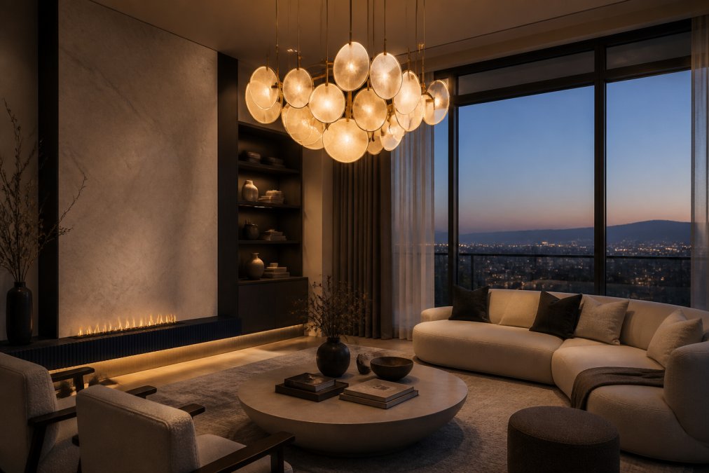 A modern living room at dusk featuring a sculptural chandelier with natural alabaster discs as the central focal point, casting warm ambient light over minimalist furniture
