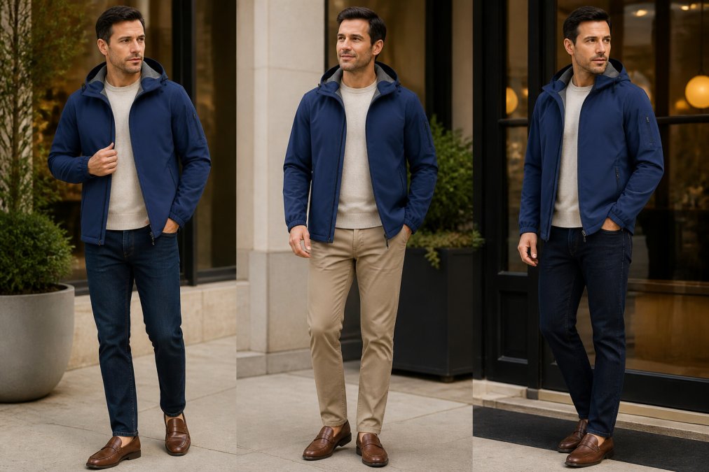 Man wearing dark wash straight-leg jeans, neutral chinos, and leather loafers in natural daylight, demonstrating smart casual styling with textural contrast