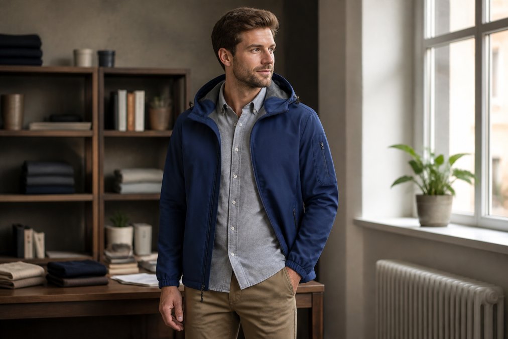 Man layering a knit cardigan over a casual button-down shirt and chinos, demonstrating textural contrast and effortless styling in natural light