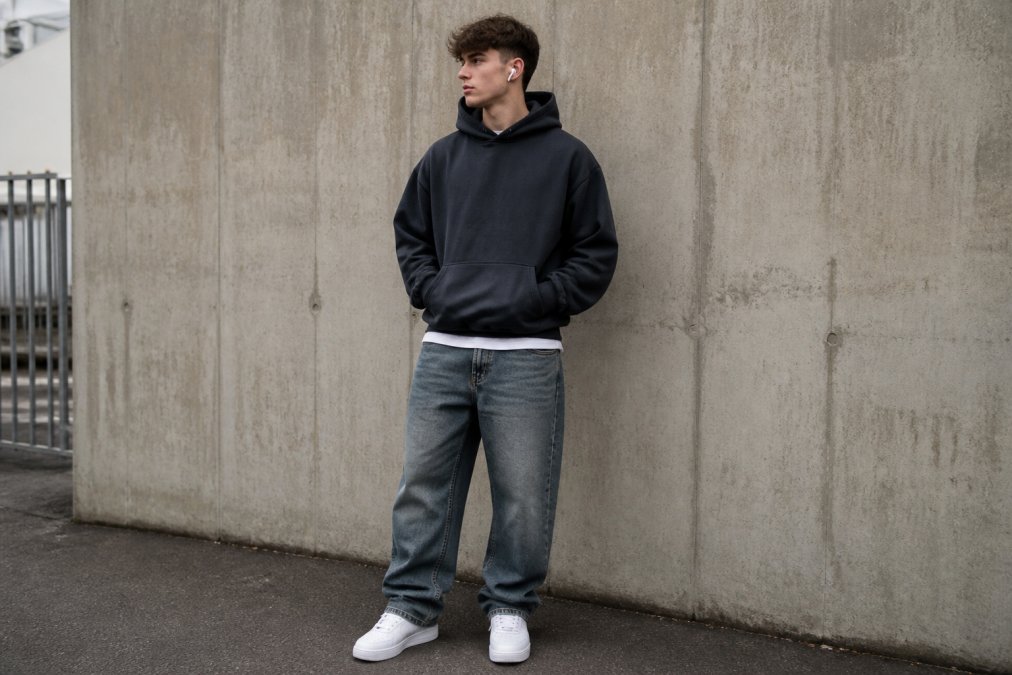 Young man in an urban UK setting wearing an oversized boxy hoodie, baggy denim jeans and clean white trainers, standing against a concrete wall in flat overcast daylight