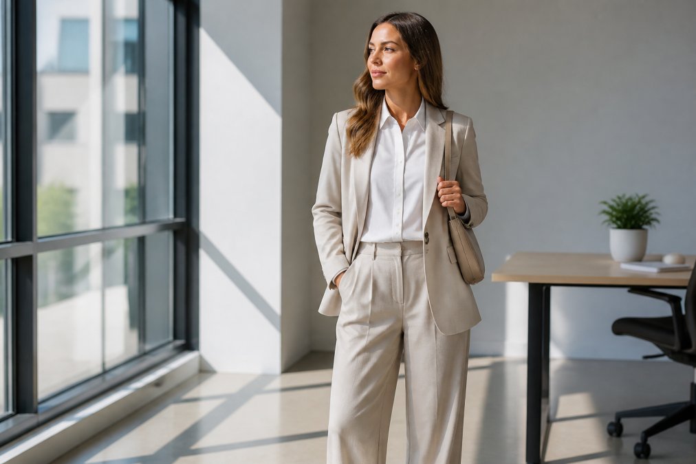 Professional woman wearing neutral-toned minimalist pieces layered together: a crisp button-down shirt, tailored trousers, and a simple blazer, standing in natural daylight in a modern office setting