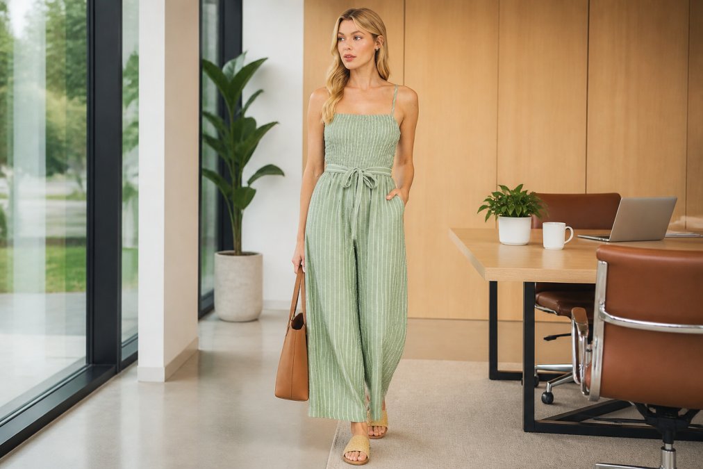 Professional woman styled in a minimalist work outfit featuring a striped utility dress with a waist tie, paired with minimal jewelry and neutral accessories, standing in a bright office environment