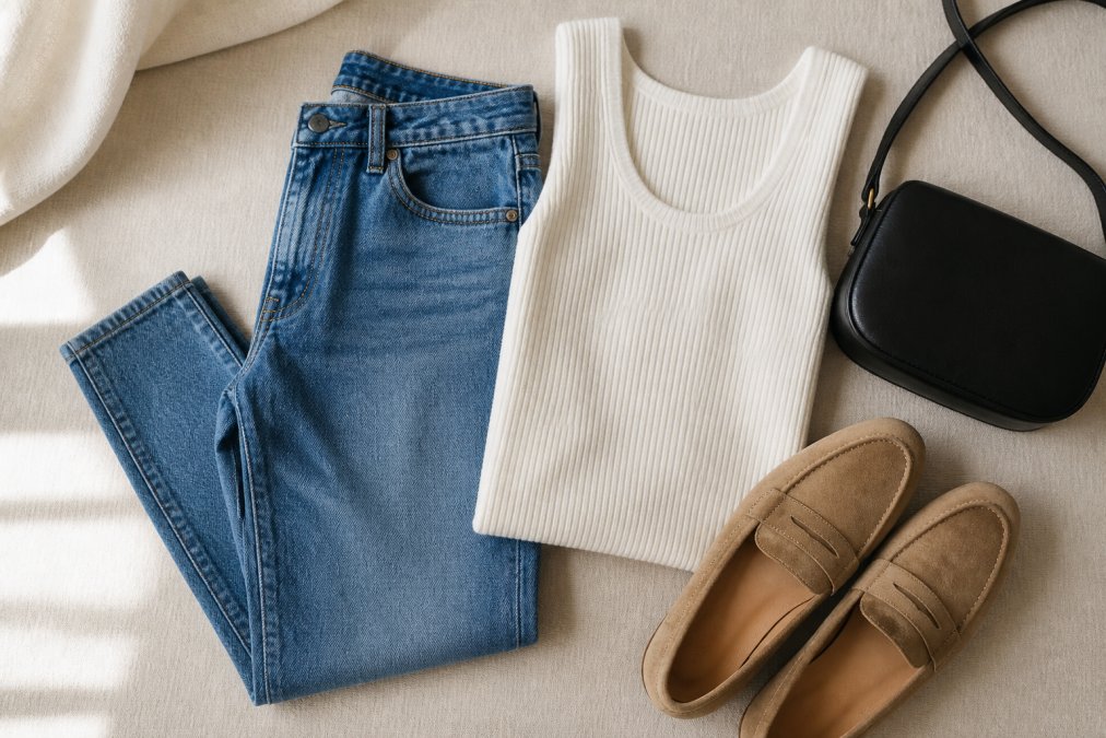 Flat-lay infographic visualizing 6 essential minimalist clothing pieces for a modern everyday wardrobe.