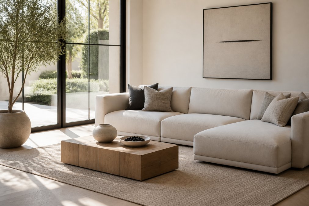 Serene living room with cream, gray, and white tones, featuring a simple sofa, wooden accent table, and soft natural light streaming through large windows