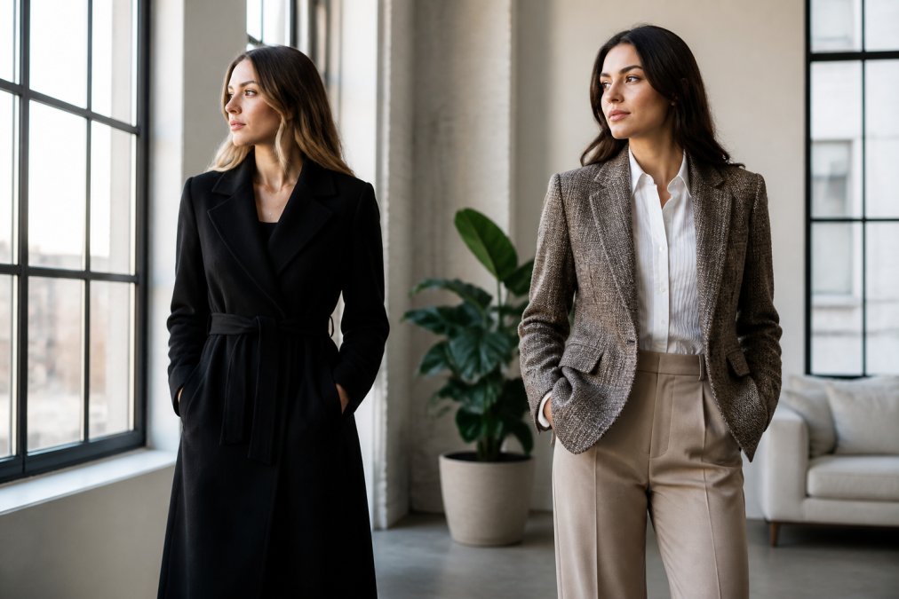 A woman in a sharp black wool coat with clean lines standing next to a woman in a tailored tweed blazer, both in a bright, modern loft setting with large windows and natural light