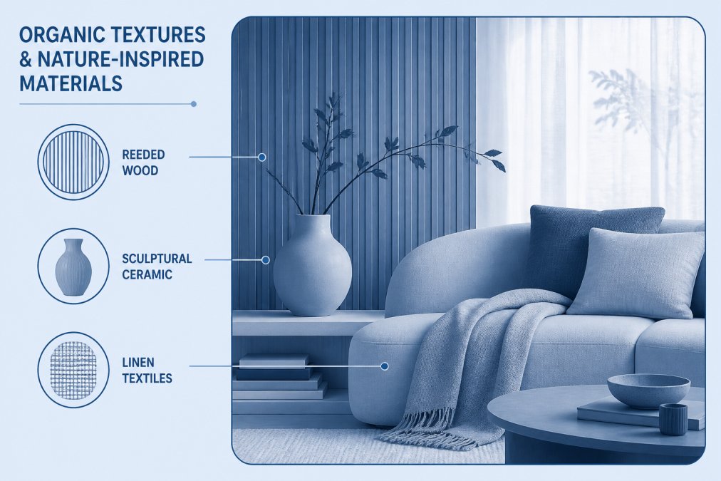 Close-up of a living room corner showing reeded wooden wall paneling, a sculptural ceramic vase, and layered linen textiles in warm neutral tones with soft natural light filtering through