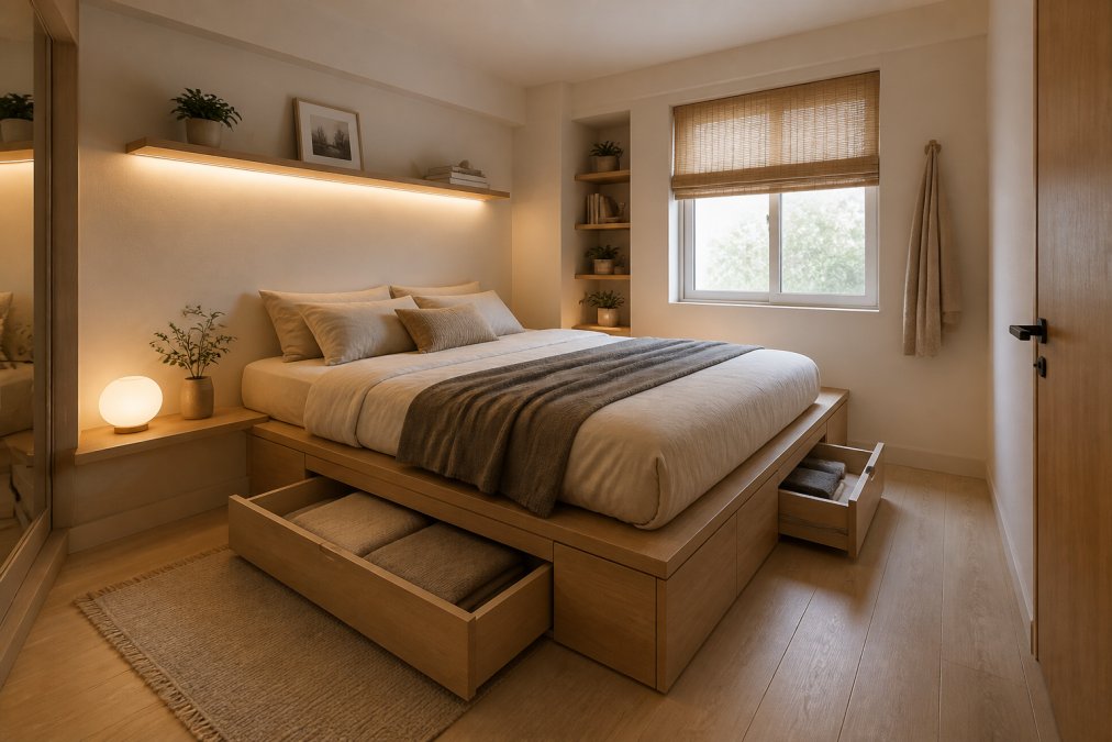 A compact apartment bedroom featuring a platform bed with hidden storage drawers, floating shelves, and soft ambient lighting creating a serene, clutter-free environment with warm wood tones