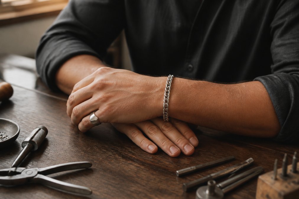 Man's wrist wearing a polished stainless steel bracelet and simple geometric ring, hands resting on a dark wooden desk with natural daylight illuminating the jewelry
