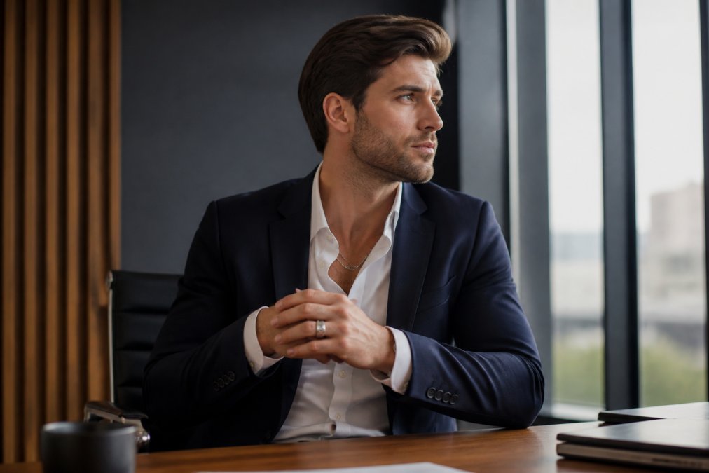 Professional man in navy business suit wearing a subtle silver chain necklace and geometric signet ring, seated at a modern office desk with soft natural window lighting
