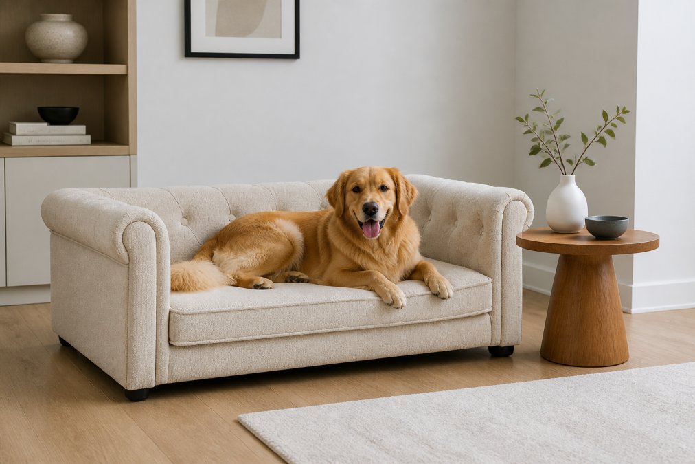 A beige elevated dog sofa bed positioned in a modern minimalist living room with neutral walls, hardwood floors, and a dog resting comfortably on the bed beside a simple wooden side table