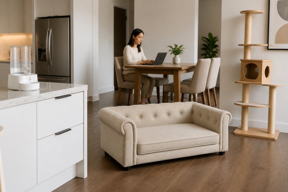 A contemporary apartment interior featuring integrated pet furniture including a sleek elevated pet bed in beige, a modern water dispenser on the kitchen counter, and a minimalist cat tree in natural wood, all seamlessly blending with neutral walls, hardwood floors, and modern furnishings