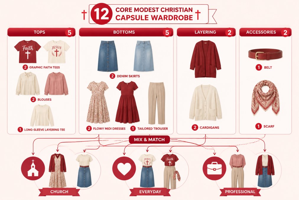 Capsule wardrobe diagram showing 12 core modest Christian clothing pieces grouped into 4 categories: Tops (2 graphic faith tees, 2 blouses, 1 long-sleeve layering tee), Bottoms (2 denim skirts, 2 flowy midi dresses, 1 tailored trouser), Layering (2 cardigans), Accessories (1 belt, 1 scarf) with arrows showing mix-and-match combinations across church, everyday, and professional occasions