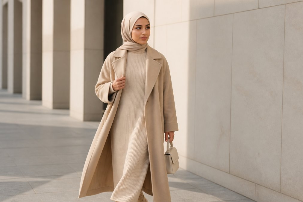 A woman in a flowing, longline beige structured coat over a high-neck, ankle-length knit dress, standing in a bright, minimalist urban setting with soft natural light