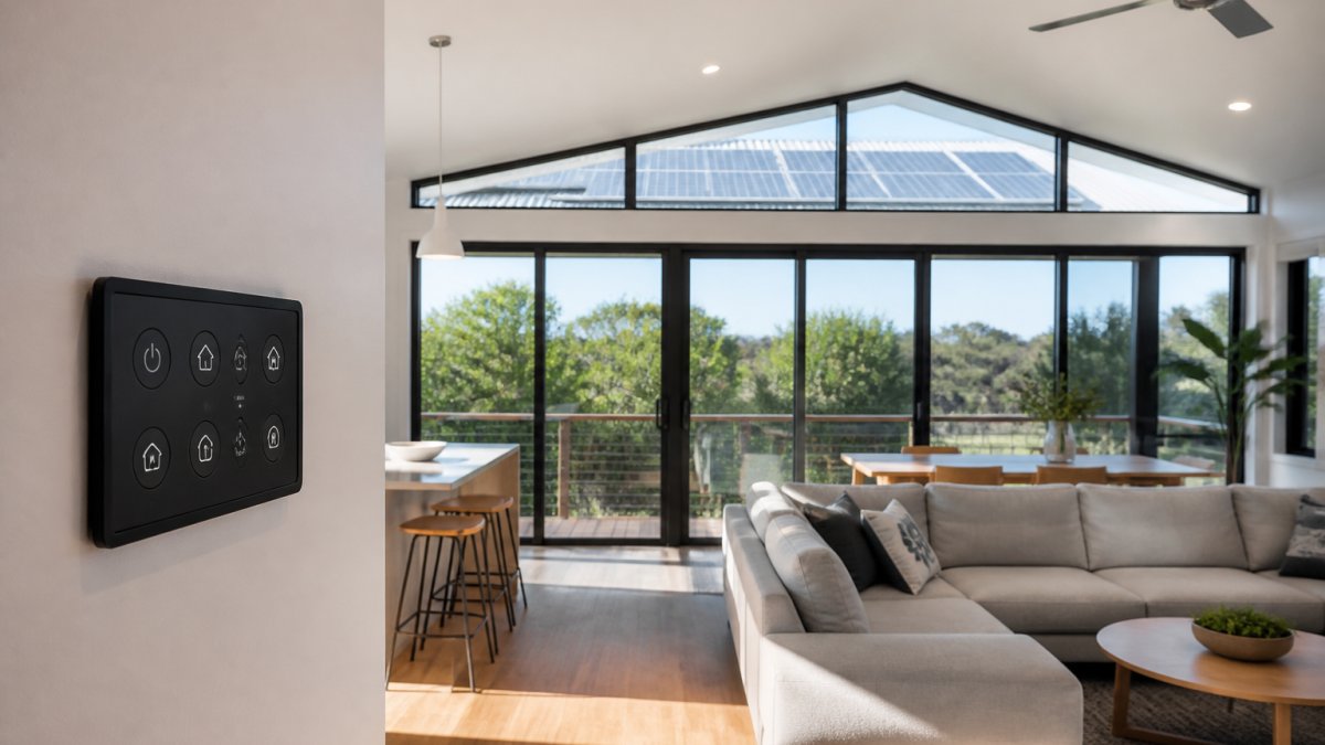 Bright, modern modular home interior with large windows showing solar panels visible on the roof, contemporary furnishings, and smart home control panel on the wall