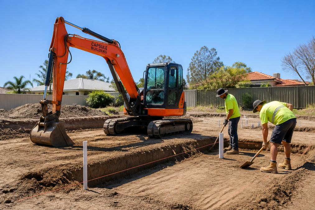 Excavator and construction crew preparing a residential block with cleared land, showing site levelling and foundation work in progress on a sunny day