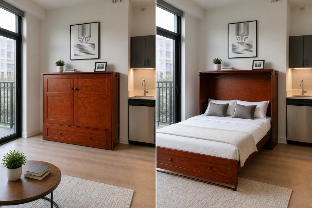 A modern studio apartment with a murphy bed cabinet closed, showing it blends seamlessly with the wall as decorative cabinetry, occupying minimal floor space