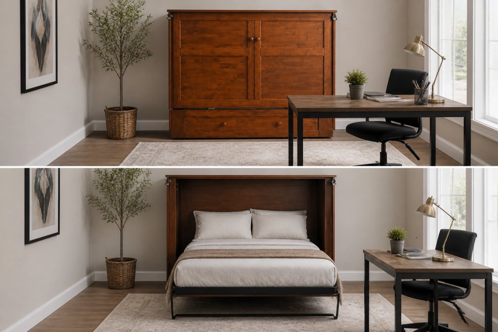 A dual-purpose room with a murphy bed cabinet on the wall and a desk setup positioned in front, showing how the space transforms from office to guest bedroom