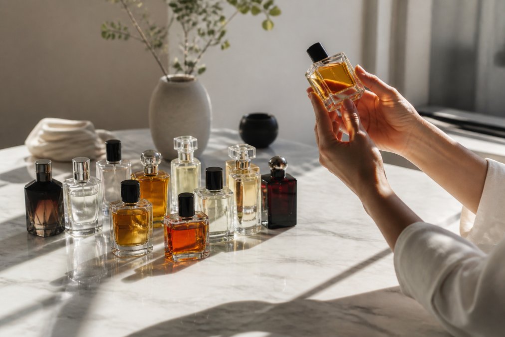 A curated collection of fragrance bottles arranged by scent family on a marble surface, with hands holding a bottle up to natural light, showcasing amber, clear, and rich-colored liquids that represent different olfactory profiles and narrative compositions