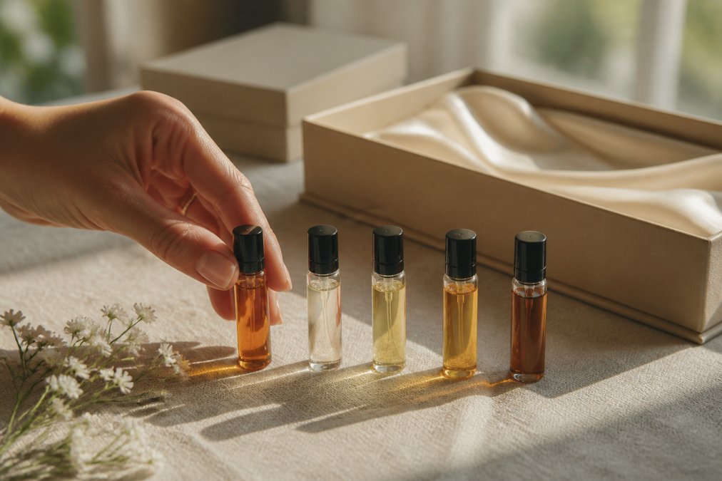 A curated fragrance discovery set displayed on a neutral linen surface with five sample vials arranged in a line, a person's hand selecting one bottle, premium gift packaging visible in the background, and soft natural window lighting illuminating the amber and clear glass containers