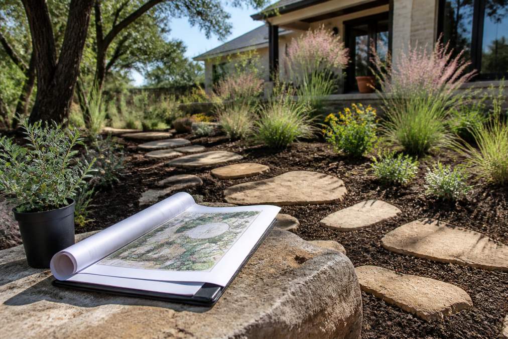A homeowner and a landscape designer reviewing a native plant layout plan on a tablet in a backyard with fresh soil beds, native grasses, and flagstone paths under a sunny Texas sky