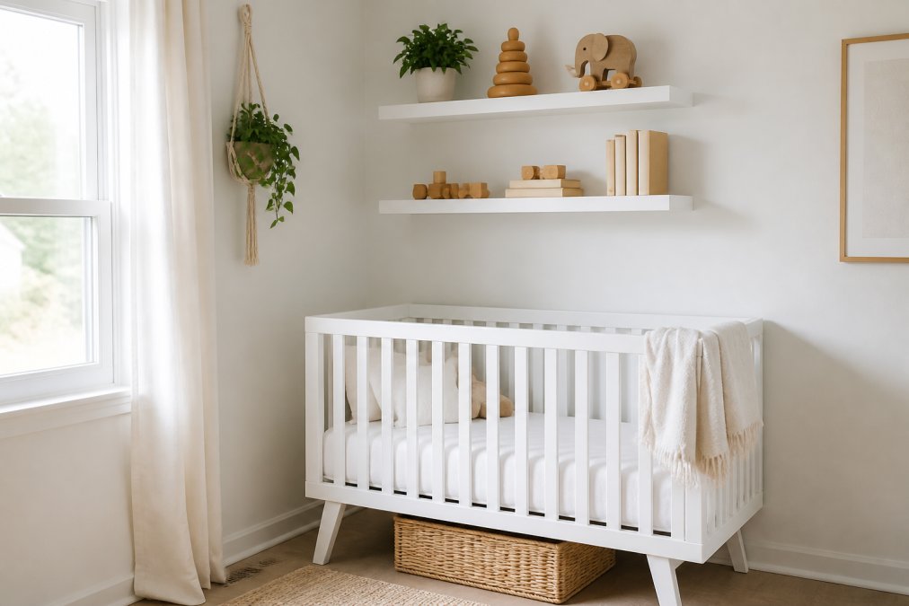 A bright, minimal nursery corner with white floating shelves displaying a few neutral-toned wooden toys and a small stack of books, a compact crib with simple white linen bedding, and a single woven storage basket tucked underneath, all bathed in soft natural window light