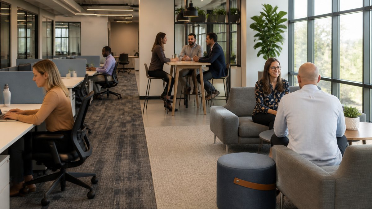 Modern office workspace showing distinct zones with employees working at individual desks in a quiet area, a team collaborating around a high-top table, and another group in a casual seating area with lounge furniture and natural lighting