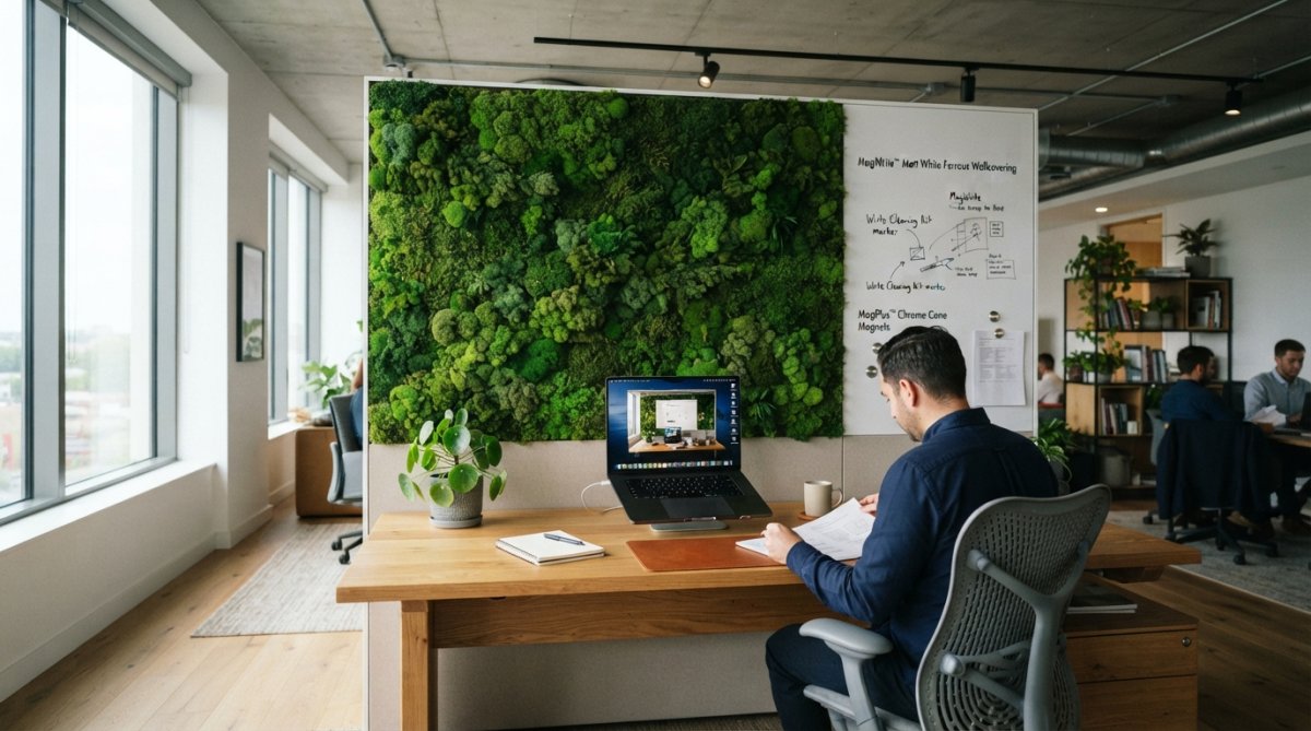 Modern office workspace with preserved moss wall art installation behind a desk, natural light streaming through windows, showing textured green surface alongside contemporary furniture and minimalist decor