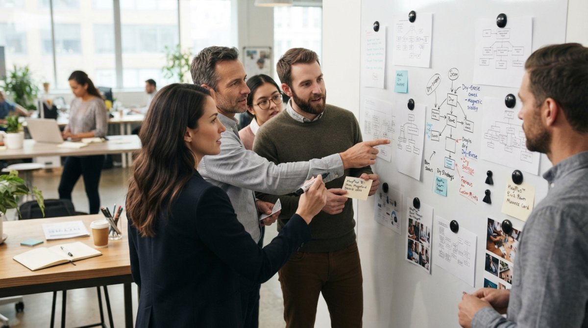 Team of office workers collaborating at a magnetic whiteboard wall, using markers and repositioning sticky notes and printed materials on the ferrous surface, natural office lighting