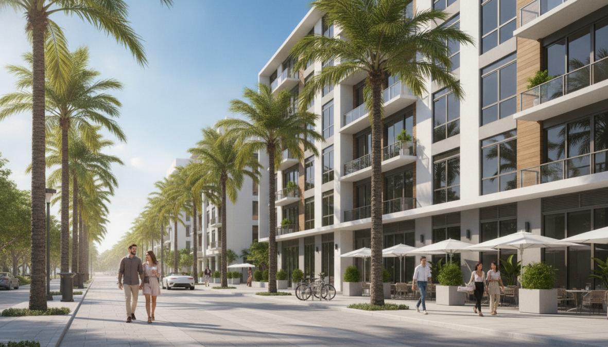 Sunny street view of a well-landscaped Boca Raton neighborhood with tall palm trees lining a clean sidewalk, modern low-rise apartment buildings visible in the background, bright midday Florida light