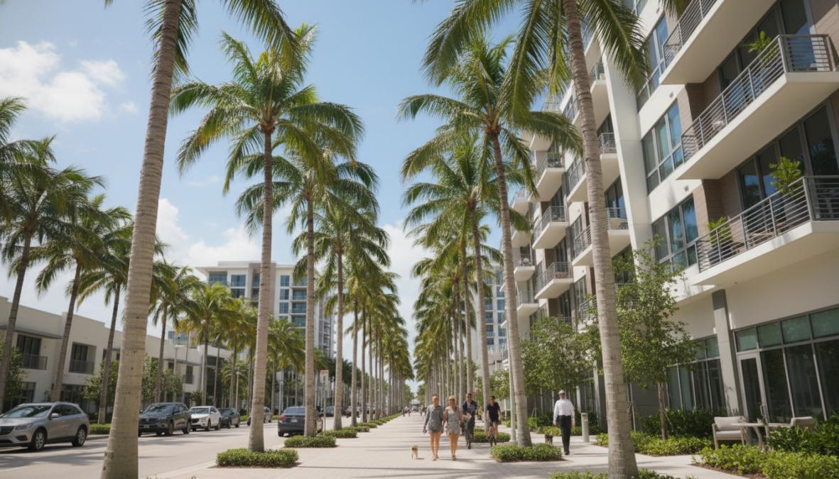 Bright, sunlit modern one-bedroom apartment interior in Boca Raton featuring white quartz countertops, stainless steel appliances, open-concept kitchen flowing into living area with large windows and warm natural light
