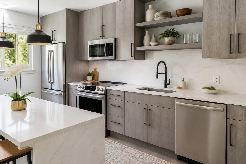 Modern One-Bedroom Apartments in Boca Raton 3 A bright, modern kitchen with stainless steel appliances, white quartz countertops, open shelving, and contemporary cabinetry, natural light streaming through windows, showing the high-end finishes typical of luxury one-bedroom apartments