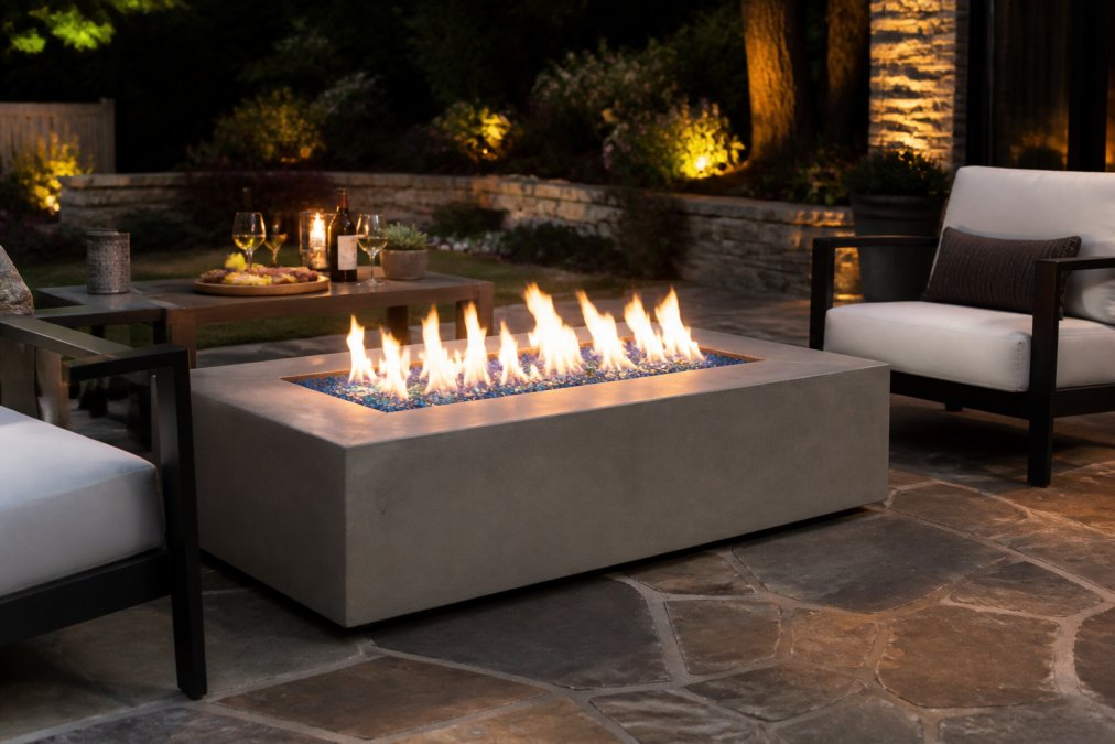 Diagram illustrating modern fire table designs with lava rock and fire glass styling options for patio layouts