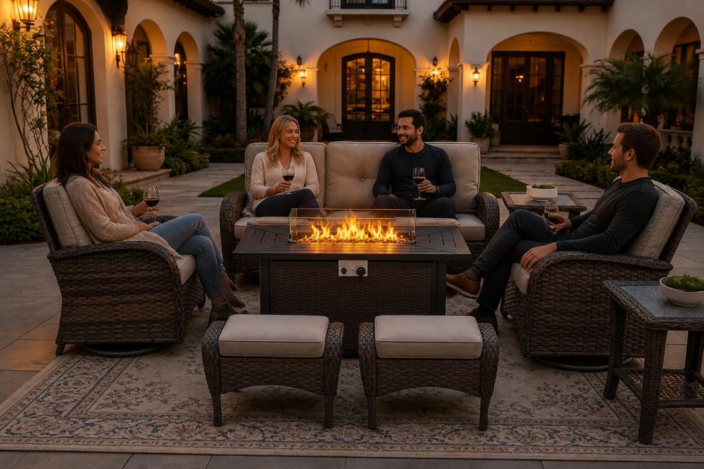 Sophisticated outdoor patio with comfortable seating arrangement, a fire pit table as central gathering point, soft ambient lighting from lanterns, and guests enjoying evening conversation in an elegantly landscaped garden setting