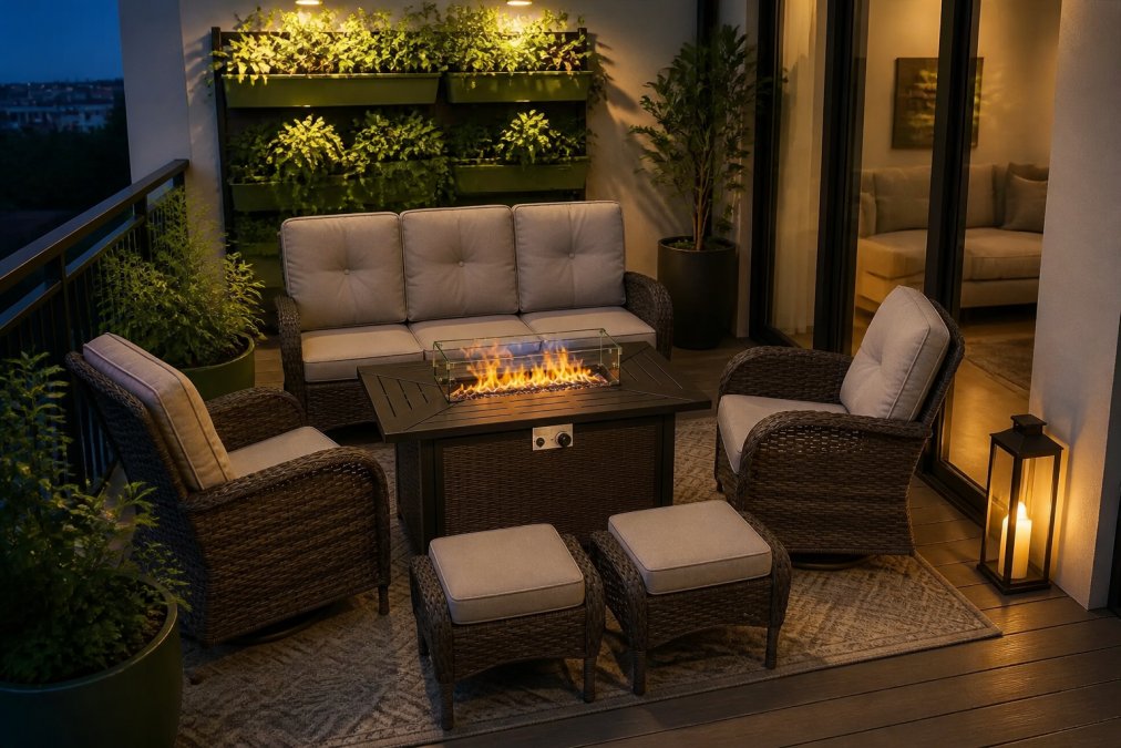 Intimate balcony setting with vertical garden planters, a single elegant solar lantern providing soft evening light, and minimalist outdoor furniture arranged to maximize usable space without appearing cluttered