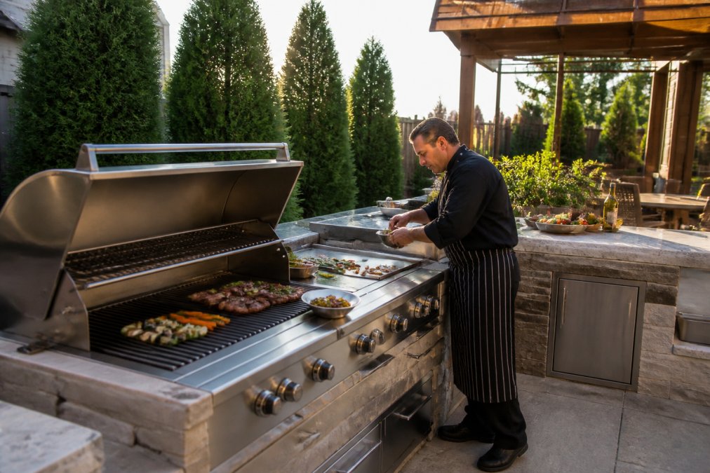Professional chef preparing food on a stainless steel outdoor grill and griddle setup in a backyard kitchen, with integrated appliances and stone countertops visible, natural afternoon sunlight illuminating the cooking surface