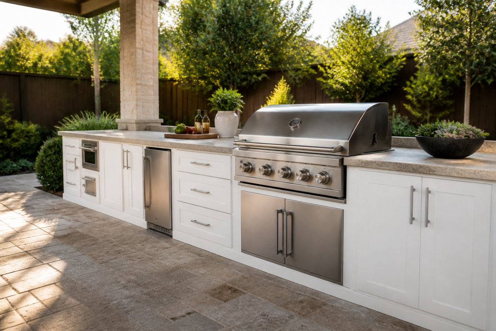 Modern outdoor kitchen with bright white HDPE cabinetry, natural stone countertops, and integrated stainless steel appliances, showing the full cabinet system and color scheme in a backyard entertaining space with afternoon sunlight