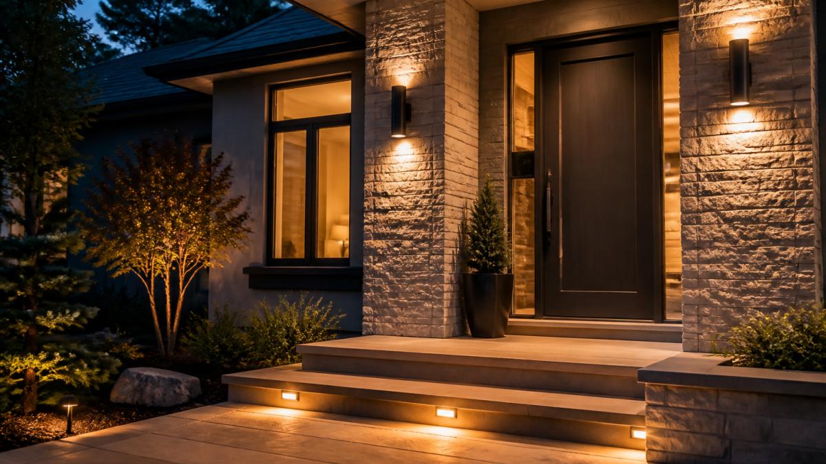 Modern residential entryway at dusk with contemporary wall sconces flanking a front door, warm light illuminating stone steps and architectural details, landscaping softly lit in background