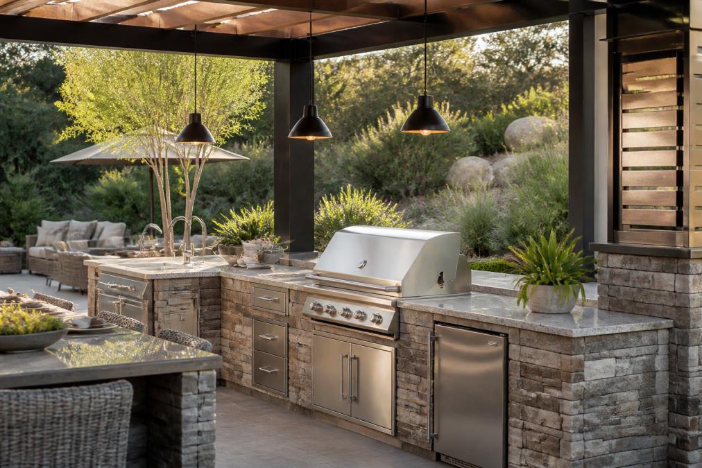 A modern outdoor kitchen with built-in stainless steel appliances, stone countertops, and pendant lighting, set on a patio with clean architectural lines and lush native plantings visible in the background